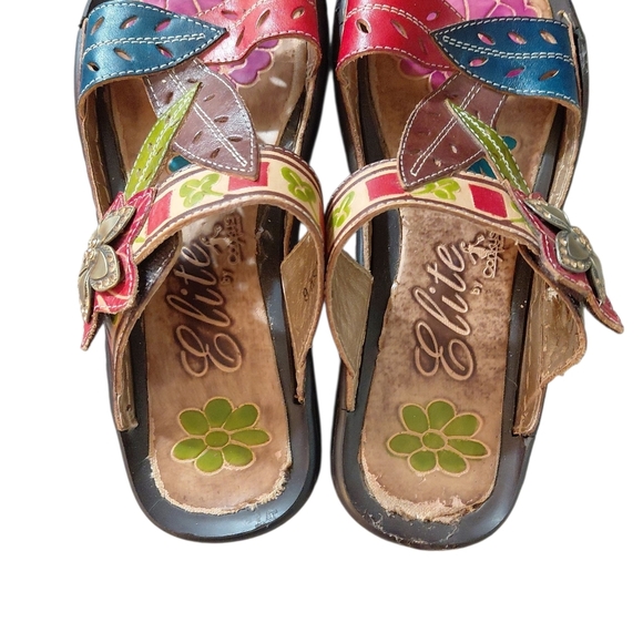 Elite By Corky's Marsh Painted Leather Slide On Sandals Size 6 - Picture 11 of 11